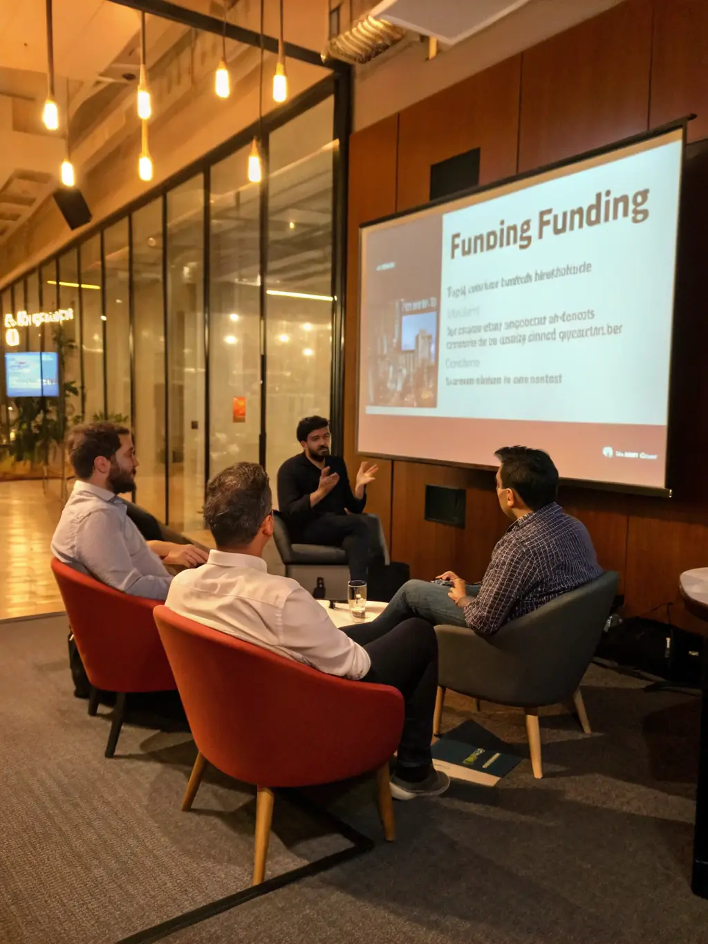 A professional shot of a panel discussion at a startup pitch event, featuring industry experts providing feedback to participating startups.